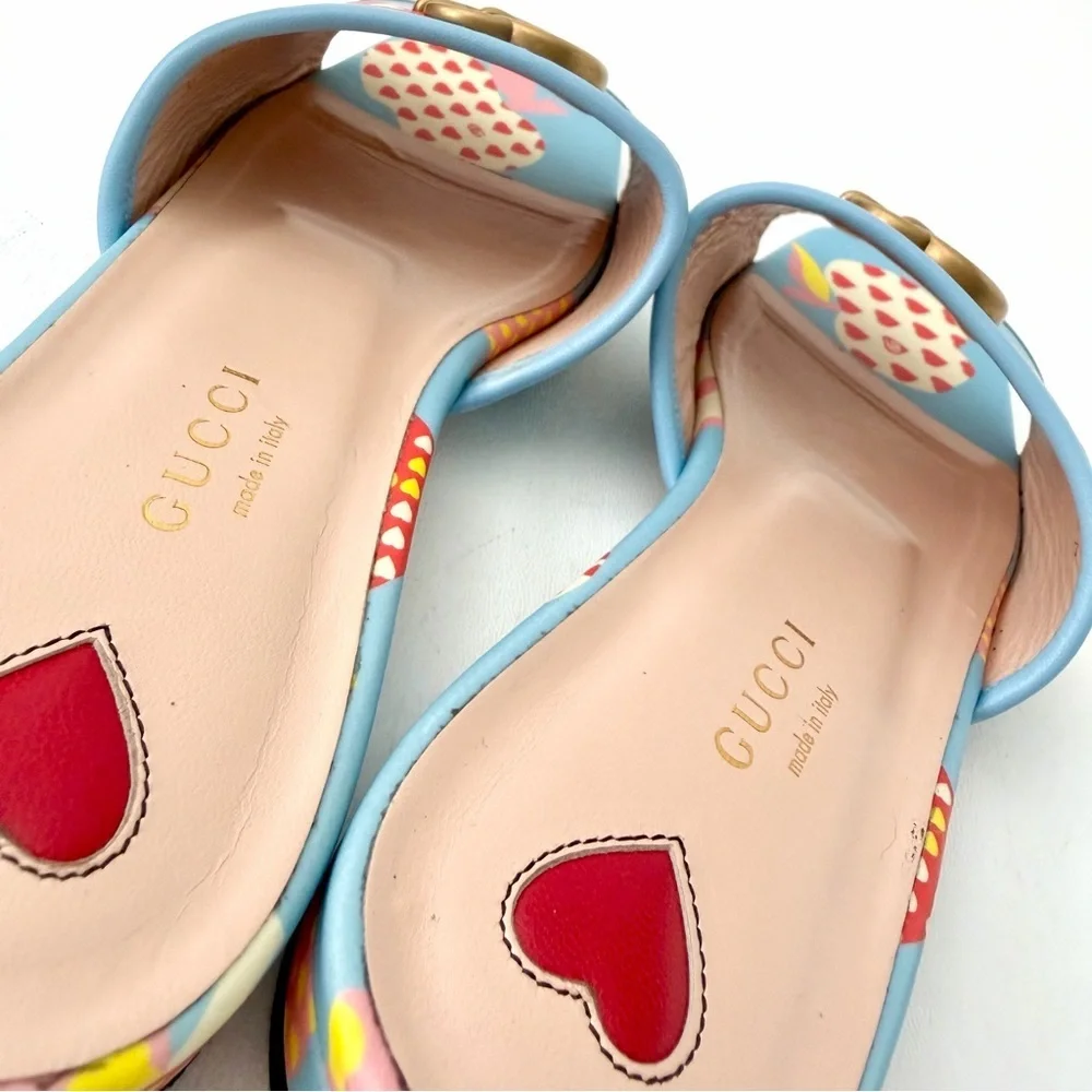 GUCCI || Blue Apple Print GG Marmont Slide Sandals Flats EU 37